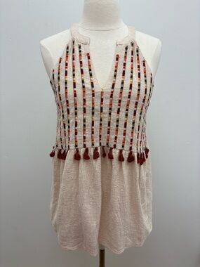 THML Cream Halter Tunic Top with Multicolor Embroidery and Tassels